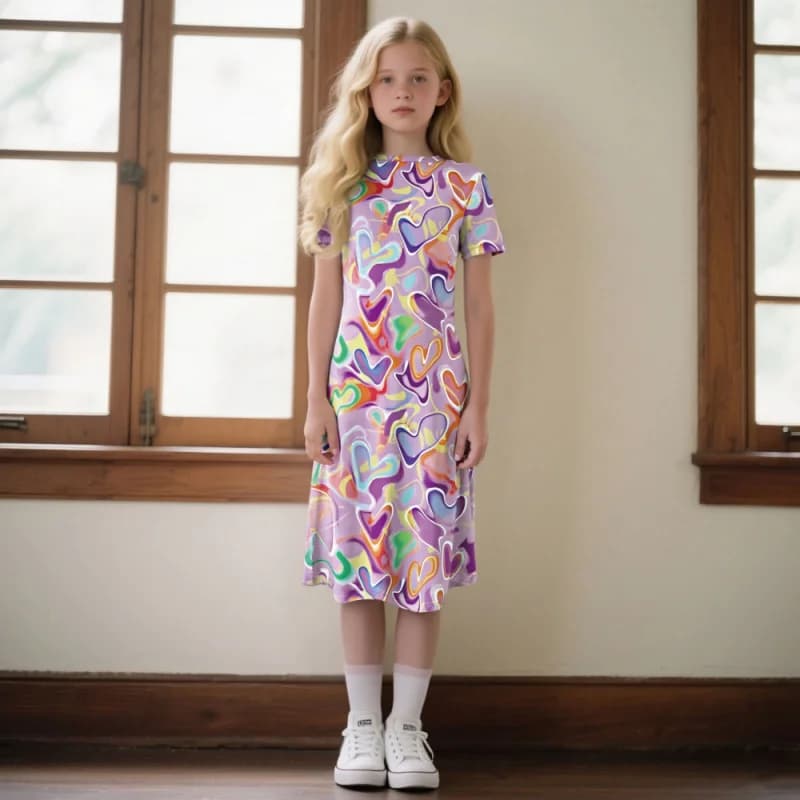 Girls Fashion Tie Dye Heart Print Short Sleeve Dress