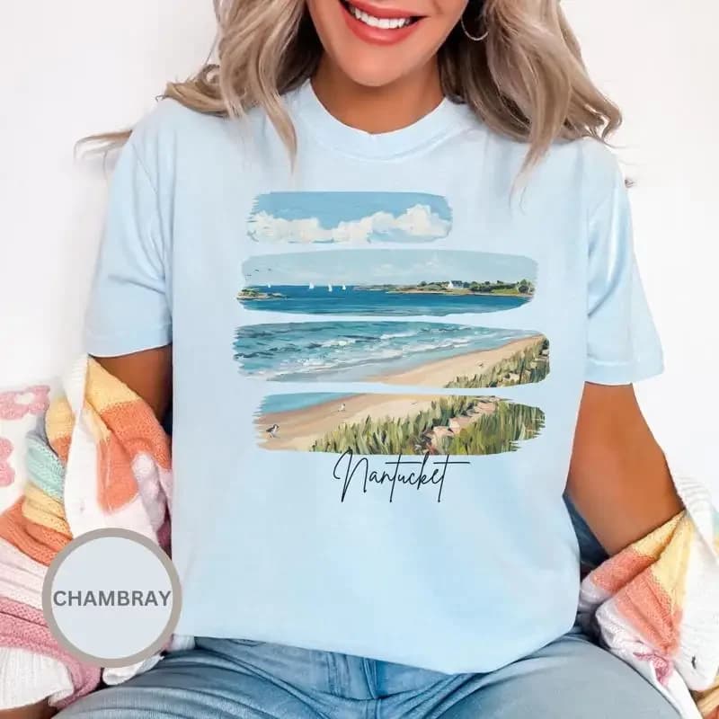 Nantucket Island Summer Beach Scene T Shirt With Coastline View For Honeymoon Memento Ma Vacation