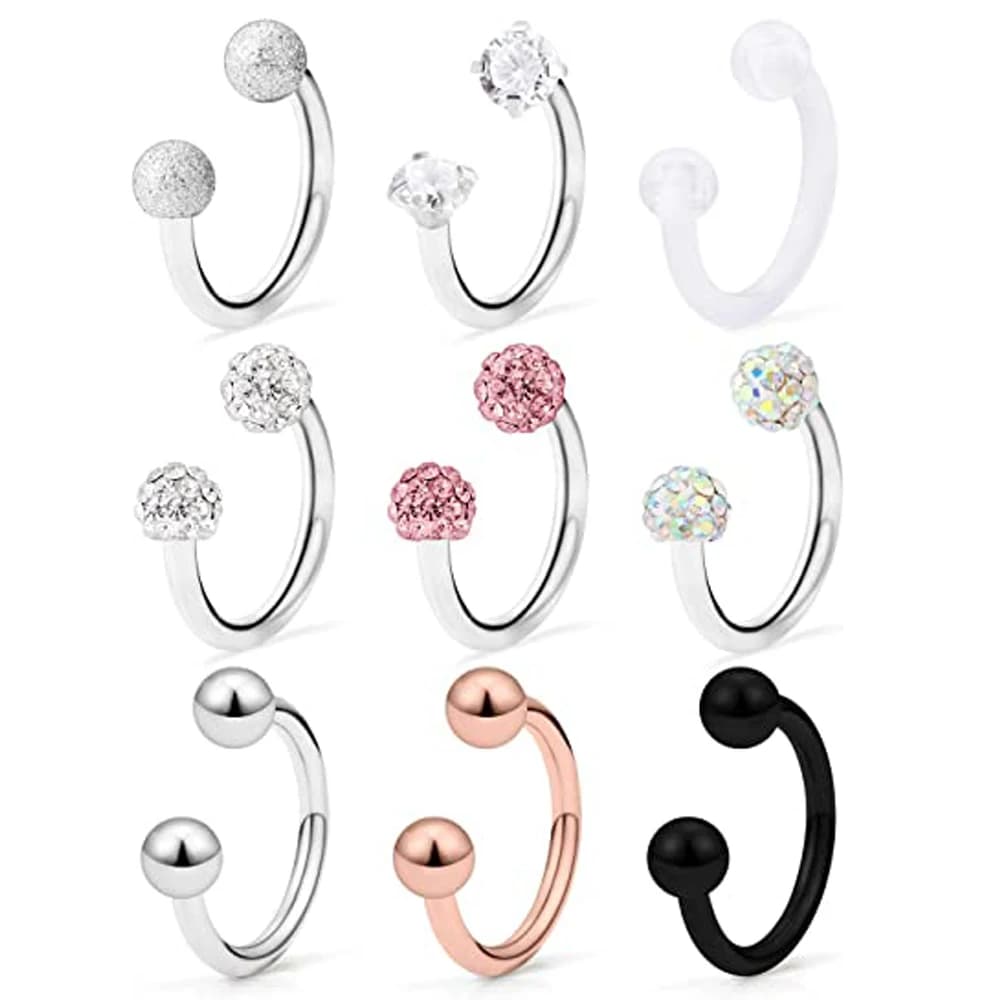 1/9PCS 16G Acciaio Chirurgico Labbro Cerchio Anello di Cristallo Cubico A Ferro di Cavallo Bilanciere Trago Cartilagine Orecchino Helix Daith Setto Penetrante