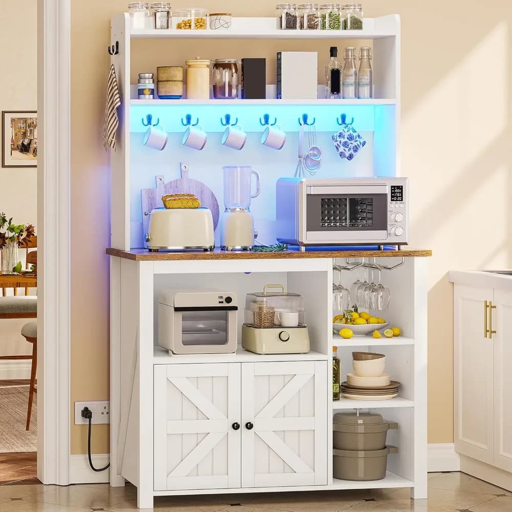 Mobile da Cucina Stile Rustico con Pensili, Supporto per Microonde, Scaffale per Pasticceria con Presa di Corrente, Luci LED, Porta Calici da Vino e Spazio di Archiviazione
