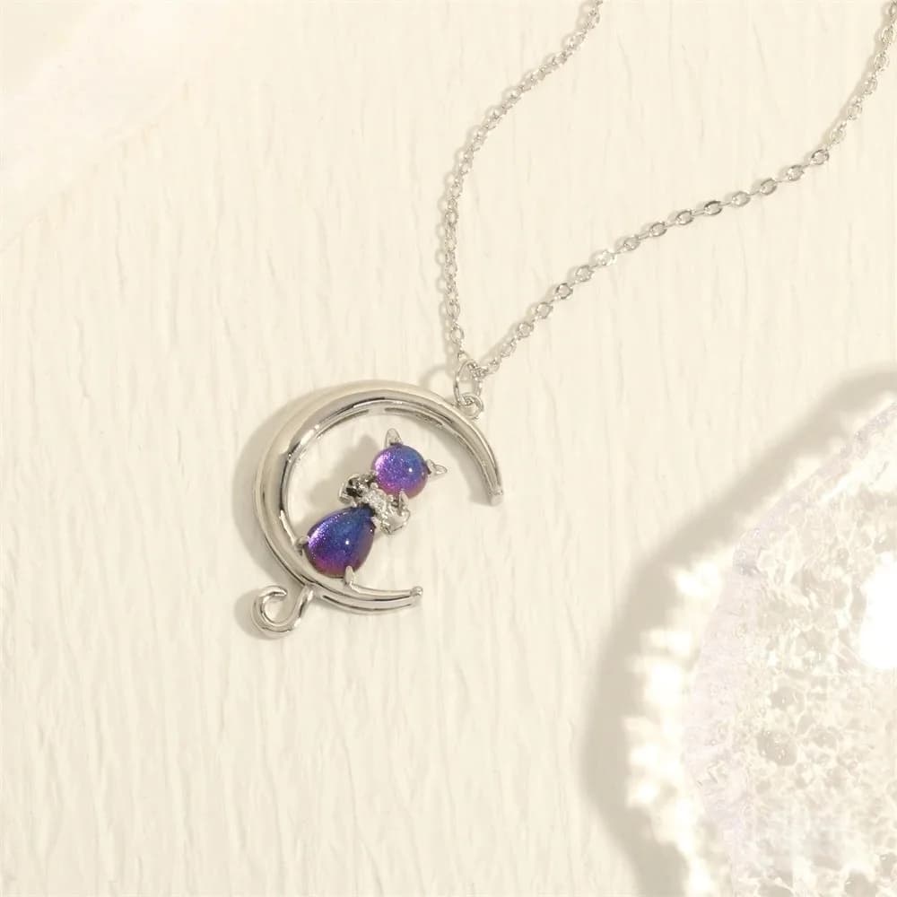 Copper Gold Plated Link Chain Crescent Moon Necklace Zircon Animal Design Cat Pendant Necklace Crystal Neck Chain
