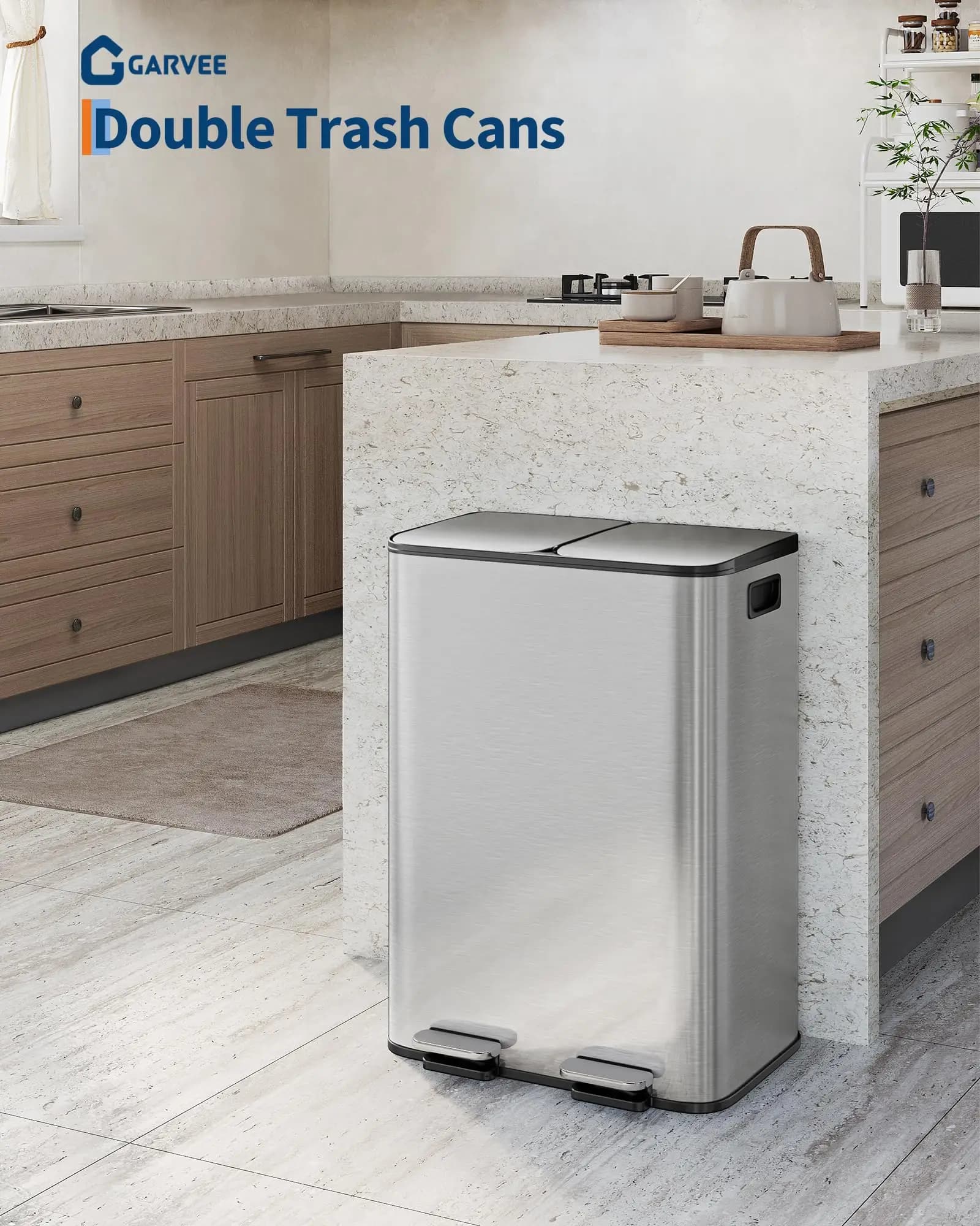 Cestino per rifiuti, 2 x 8 galloni (2 x 30 L) Bidone della spazzatura per cucina con doppio scomparto per il riciclo, Cestino a pedale per cucina, Cestino combinato per rifiuti e riciclo in acciaio inossidabile con coperchio a chiusura ammortizzata, Argento