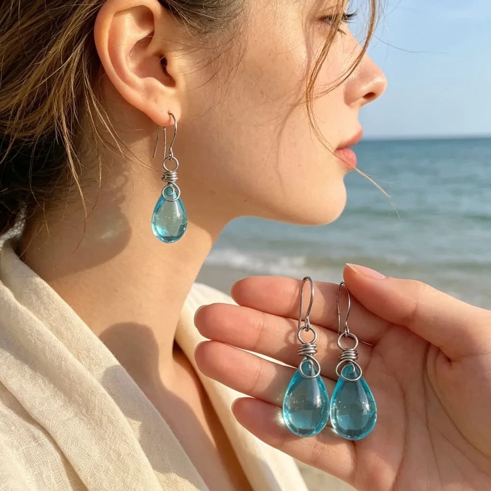Original Geometric Sea Green Water Drop Retro Earrings Elegant Clear Unique Women Daily Jewelry Presents