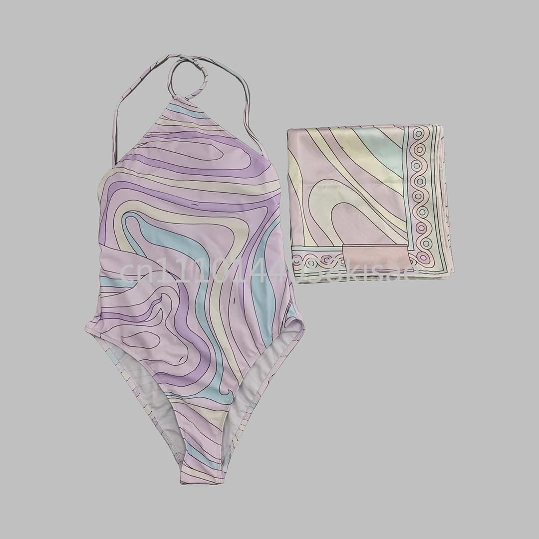 Women's swimwear with purple scarf, luxury design, bikini set with scarf, sexy swimsuits