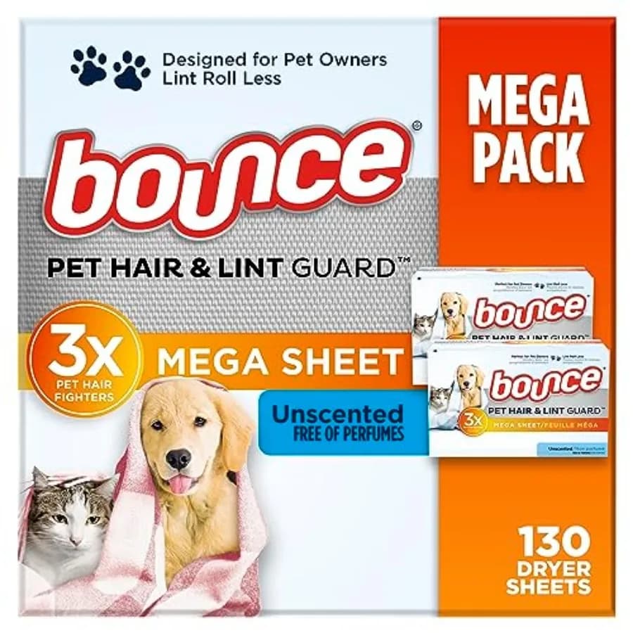 Bounce Mega Drying Sheets for Animal and Lanugine Peels with 3X Peles Eliminators, No Perfume, 130 Pieces