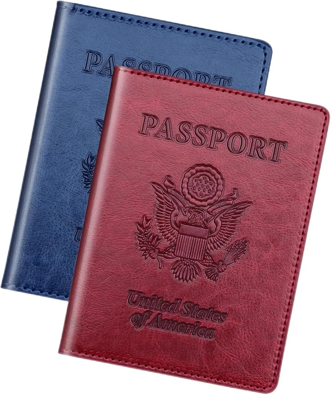 Set di 2 Porta Passaporto da Viaggio, Blu Scuro e Rosso Vino, Custodia Portafoglio per Donne, Uomini e Famiglie, Accessori Essenziali per Crociere