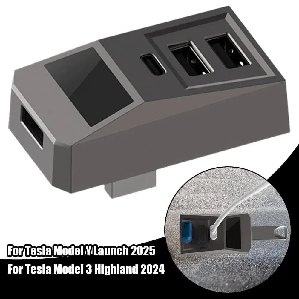 Glovebox Hub USB per Tesla New Juniper 2025 Highland 2024 Tipo-c Porta Display digitale Splitter Docking V9p6