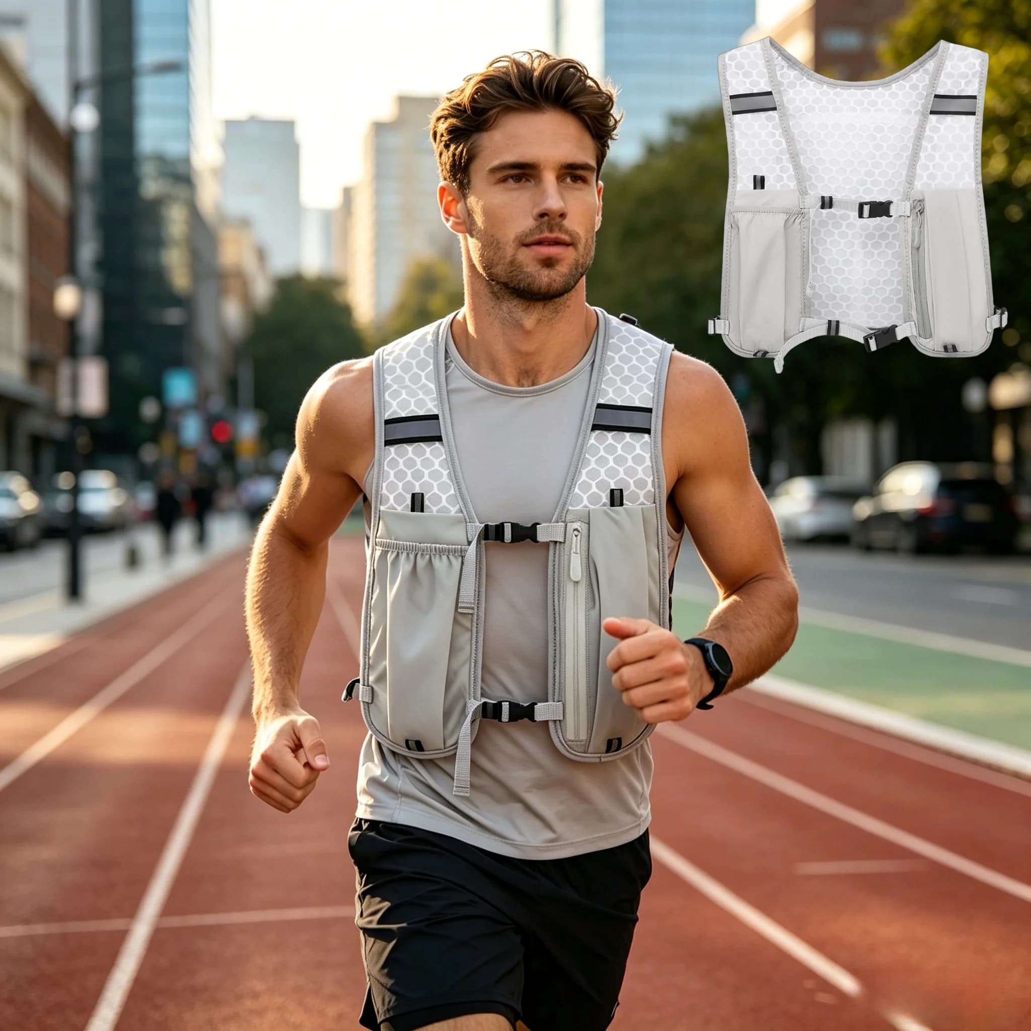 2 Pezzi Gilet Riflettente Leggero per Corsa con Porta Borraccia e Porta Telefono, Zaino Idratazione da Petto
