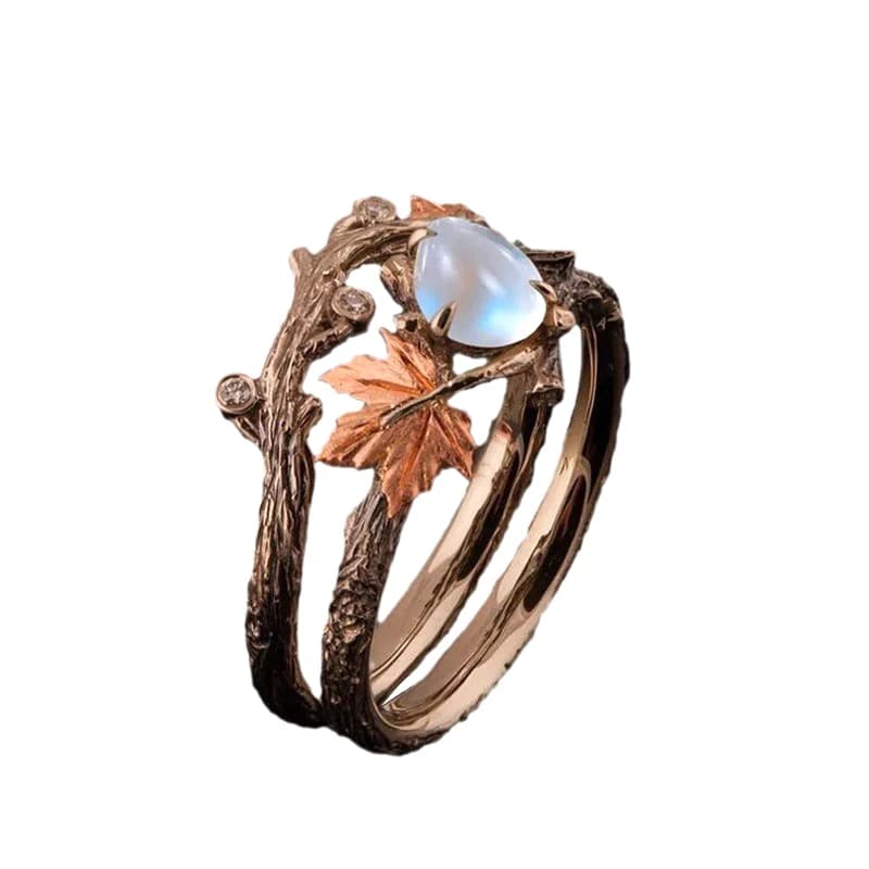Anello vintage in oro antico con ramoscello, foglia d'acero, pietra di luna, per donne e ragazze, anello di lusso leggero, accessori per gioielli, regali di anniversario