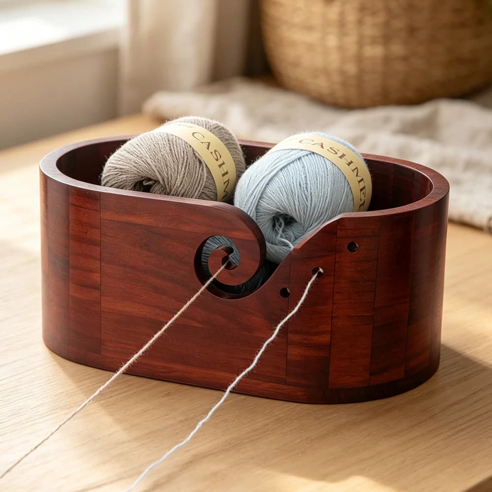 QJH Handcrafted Wooden Yarn Bowl with Holes - Ideal Multifunctional for Knitting & Crochet Home Craft Storage Tool, Perfect Gift