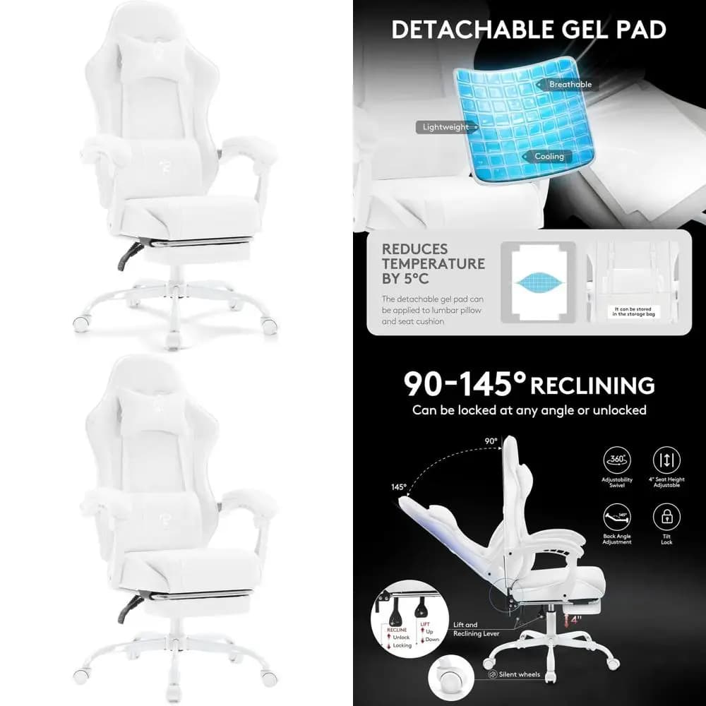 Sedia da Gaming Ergonomica Reclinabile Bianca con Poggiapiedi, Supporto Lombare Massaggiante e Cuscino in Gel