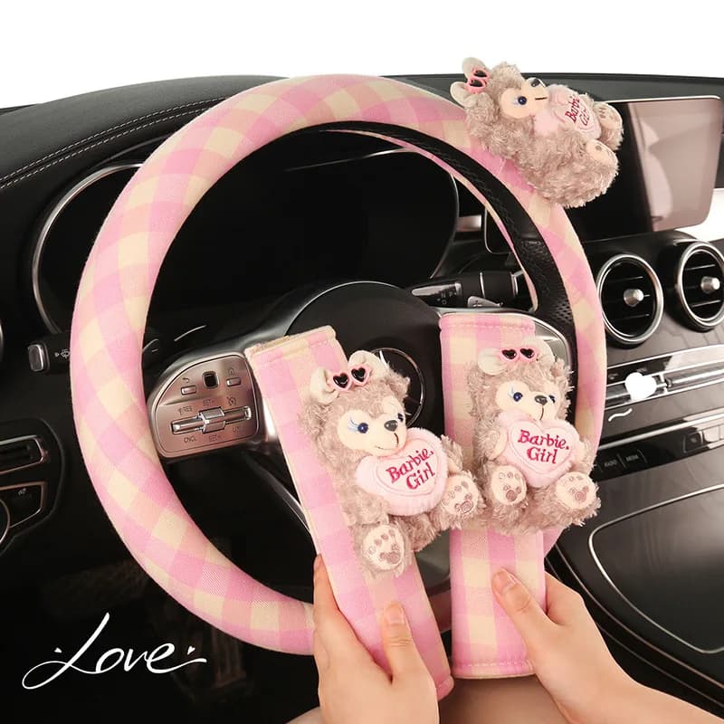 ShellieMay Duffy Poggiatesta per auto Volante e cintura di sicurezza Coprispalla Simpatico cuscino di protezione per il collo con fiocco a quadretti rosso blu