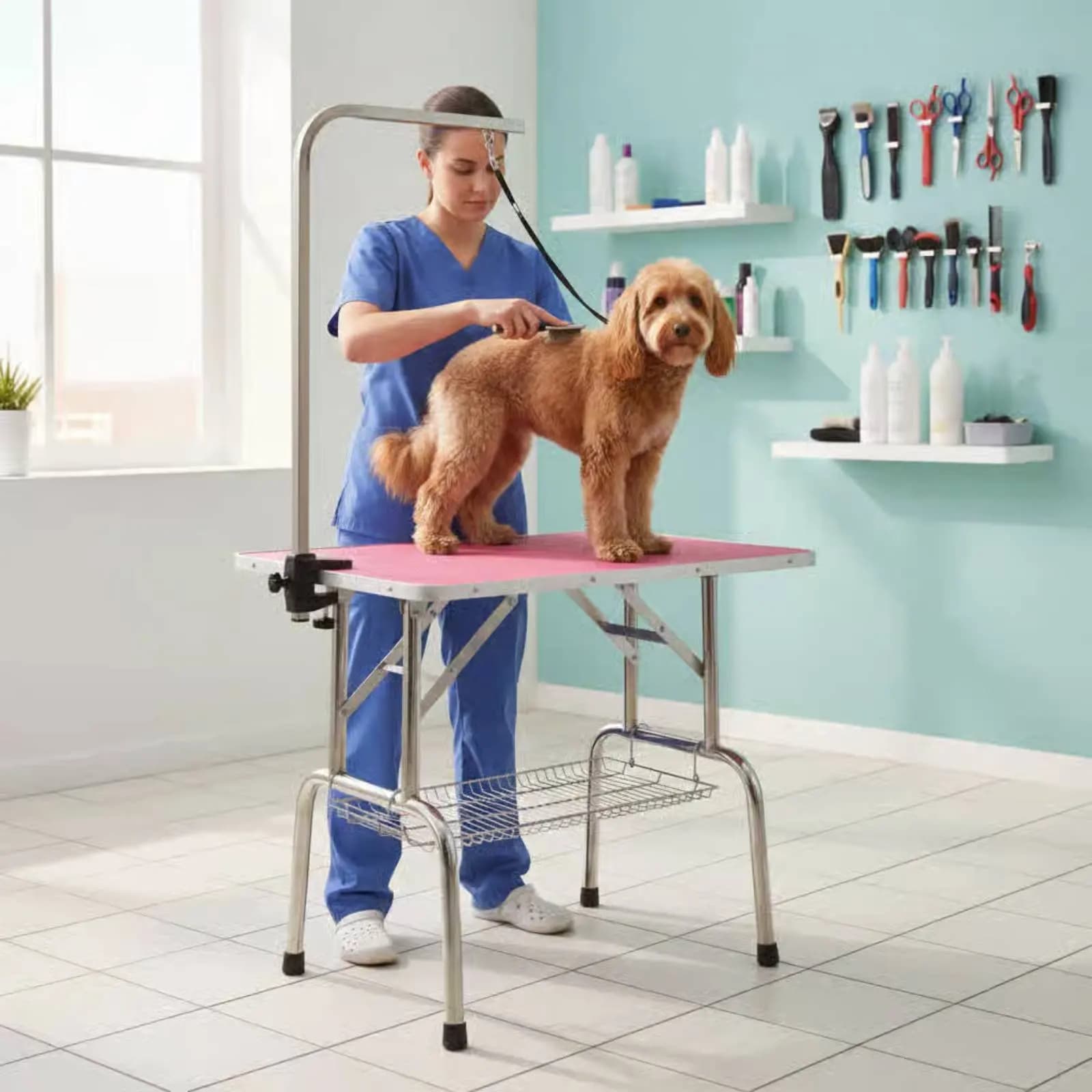 Tavolo Pieghevole per Toelettatura Animali con Superficie Antiscivolo, Impermeabile e Angoli Arrotondati per Uso Domestico