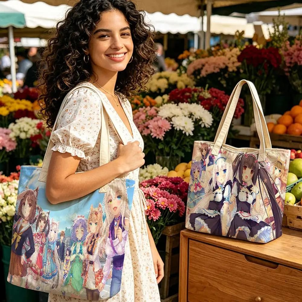 Cute N-Nekopara Anime kawaii Storage Bags Reusable Canvas Tote Suitable for School Class Commuting Shopping as Gifts