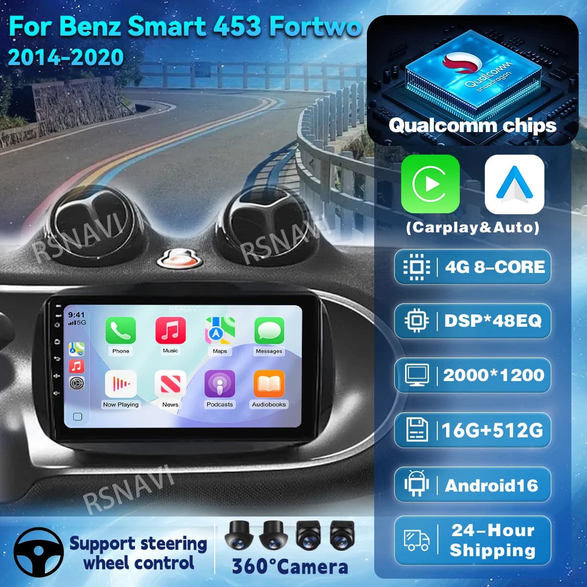 Autoradio Android 16 Carplay per Mercedes Benz Smart 453 Fortwo 2014 2015 - 2020 Navigazione GPS Lettore Multimediale Stereo WiFi+4G