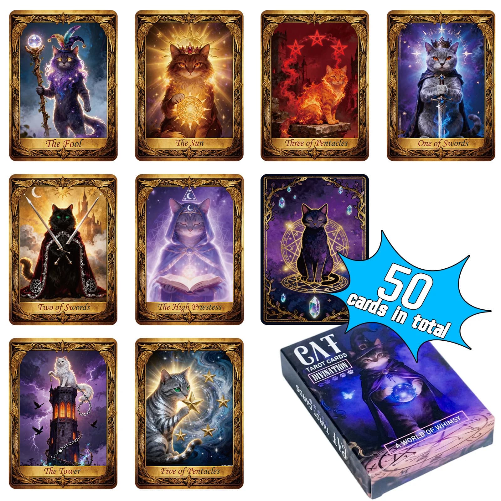 50 pezzi di carte dei tarocchi del gatto magico misterioso, carte da gioco da tavolo divertenti, supporto di riscaldamento perfetto per l'intrattenimento di raccolta di feste di team building