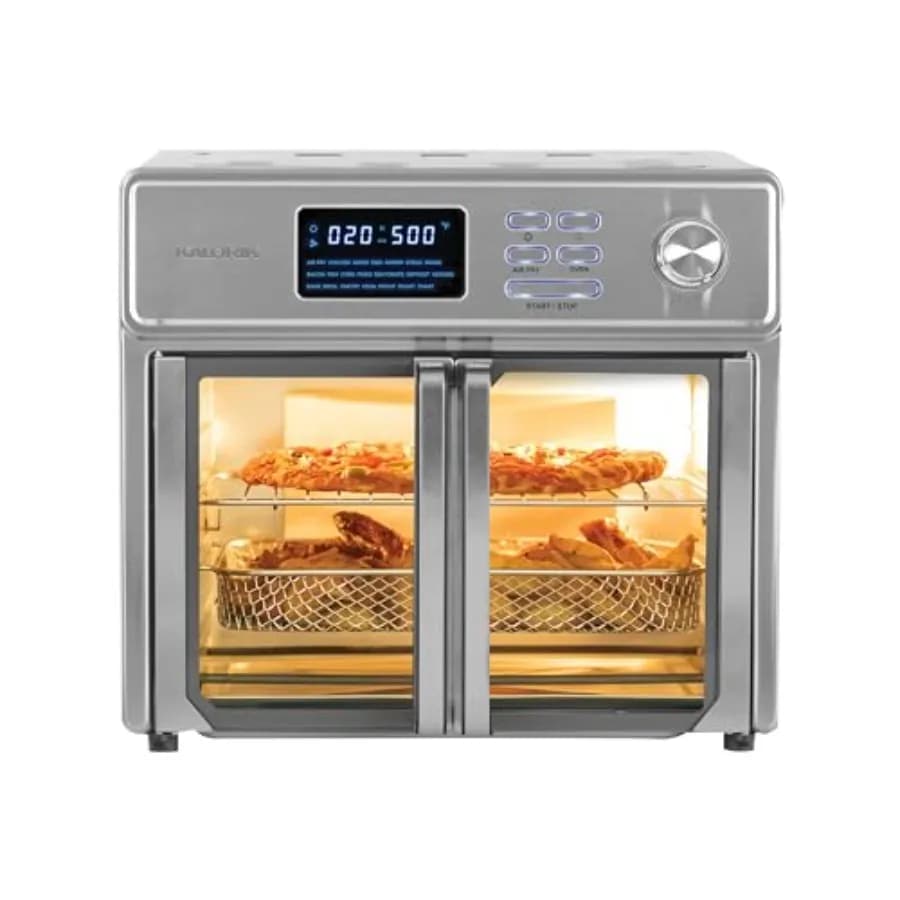 Forno friggitrice ad aria da banco 10-in-1 da 26 litri con esterno in acciaio inossidabile, ampie porte francesi in vetro, riscaldamento da 1700 Watt, include 9 accessori