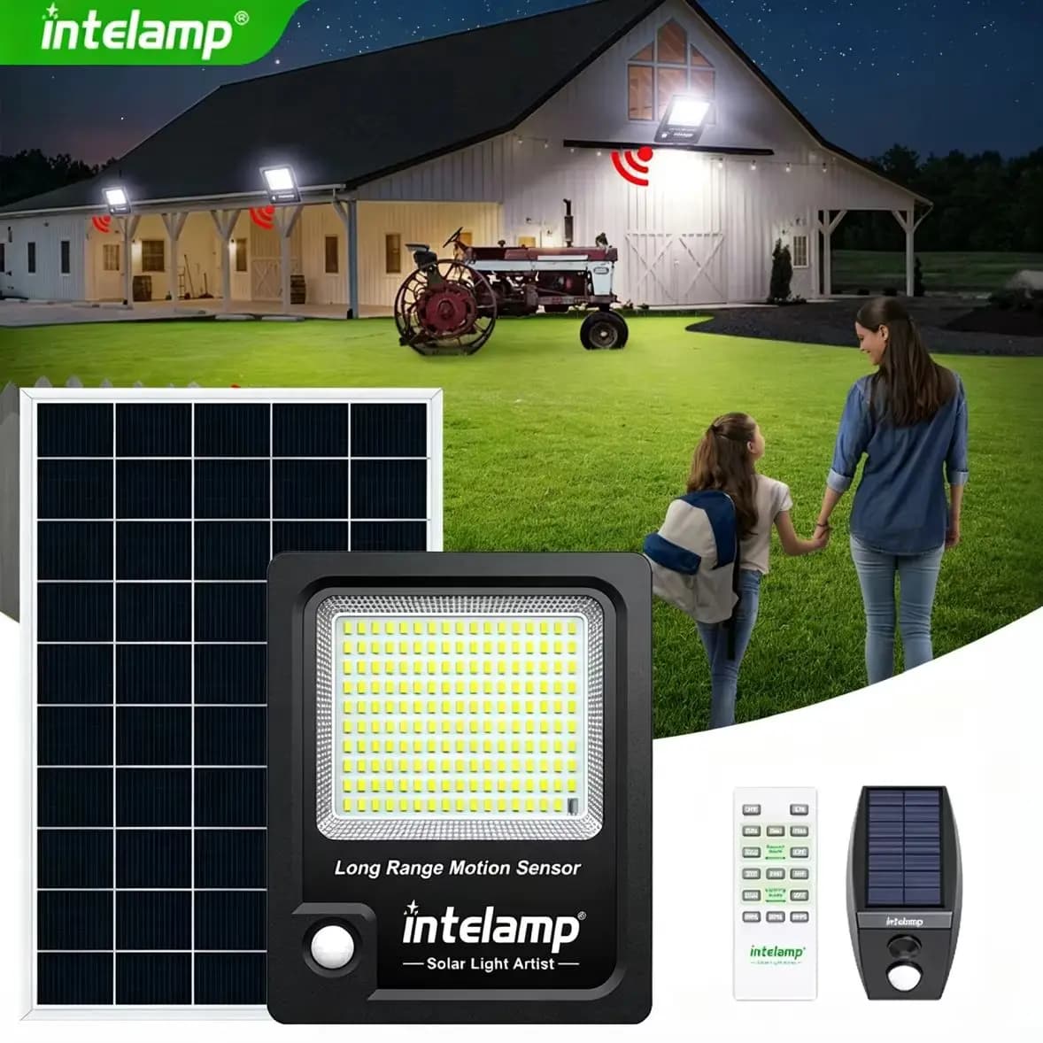 Intelamp 12000mah 3000LM Outdoor Solar led Lights Lamp With Larger Solar Panel Two Motion Sensors For Garden Street Wall Yard