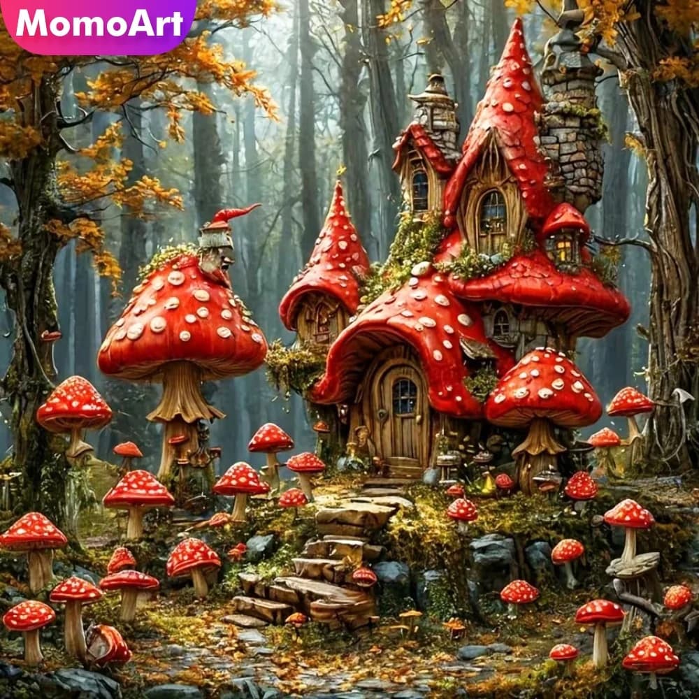 Momoart Kit Fai-da-Te per Pittura Diamante, Casa a Forma di Fungo, Set per Punto Croce, Mosaico Diamantato, Adatto per Principianti, Hobby Fai-da-Te