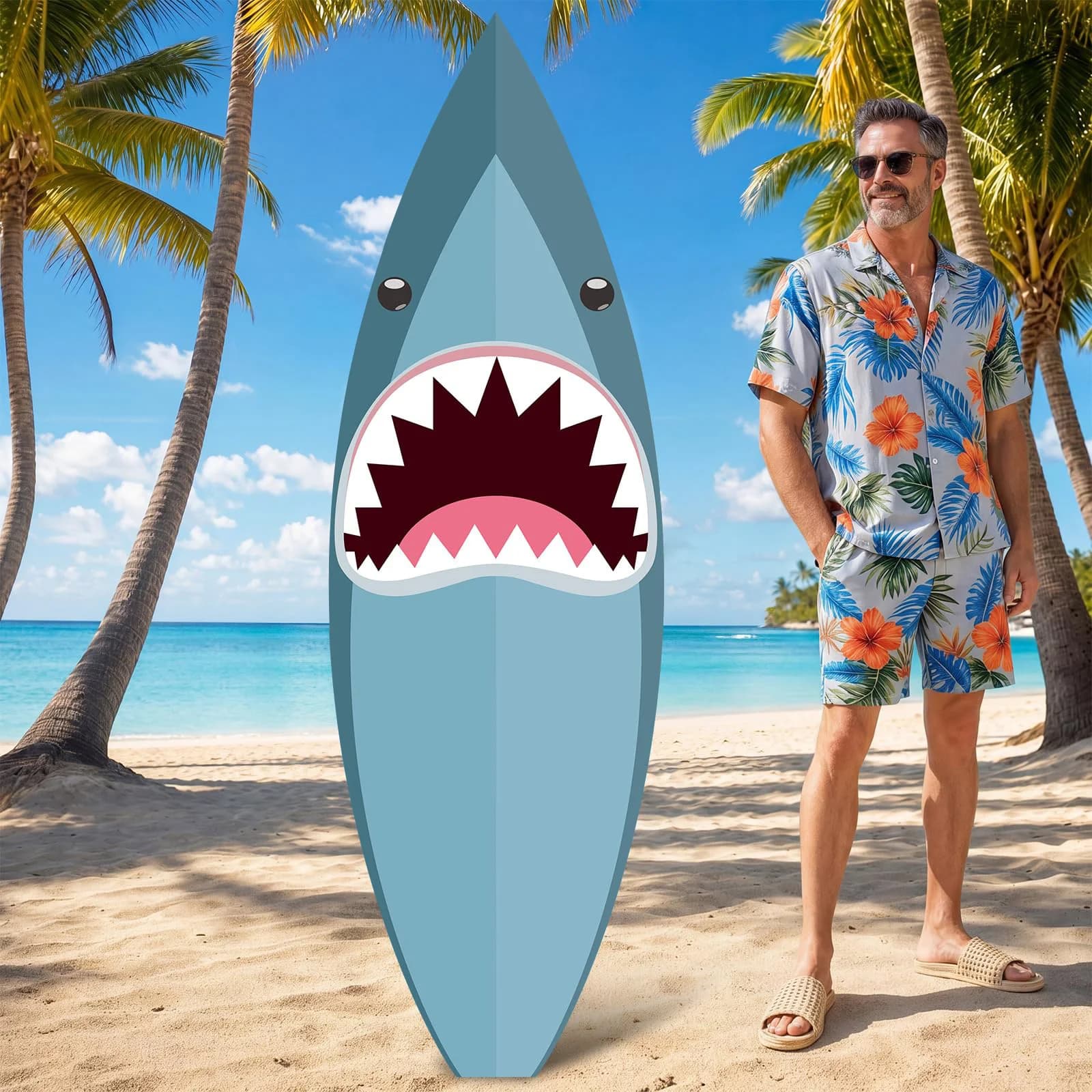 Sfondo Fotografico Estivo con Squalo Cartoon e Tavola da Surf, Decorazione per Feste in Spiaggia, Compleanni per Bambini e Forniture per la Casa