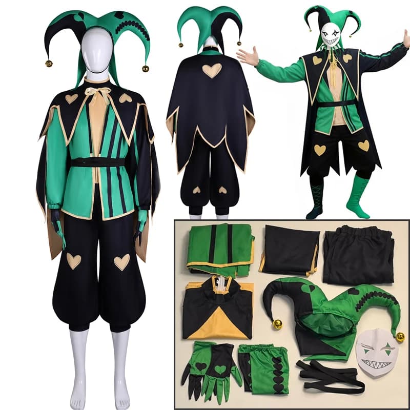 The Freak Circus Harlequin Clown Cosplay Costume Coat Hat Shawl Belt Gloves Socks Outfit for Halloween Carnival Pierrot Props