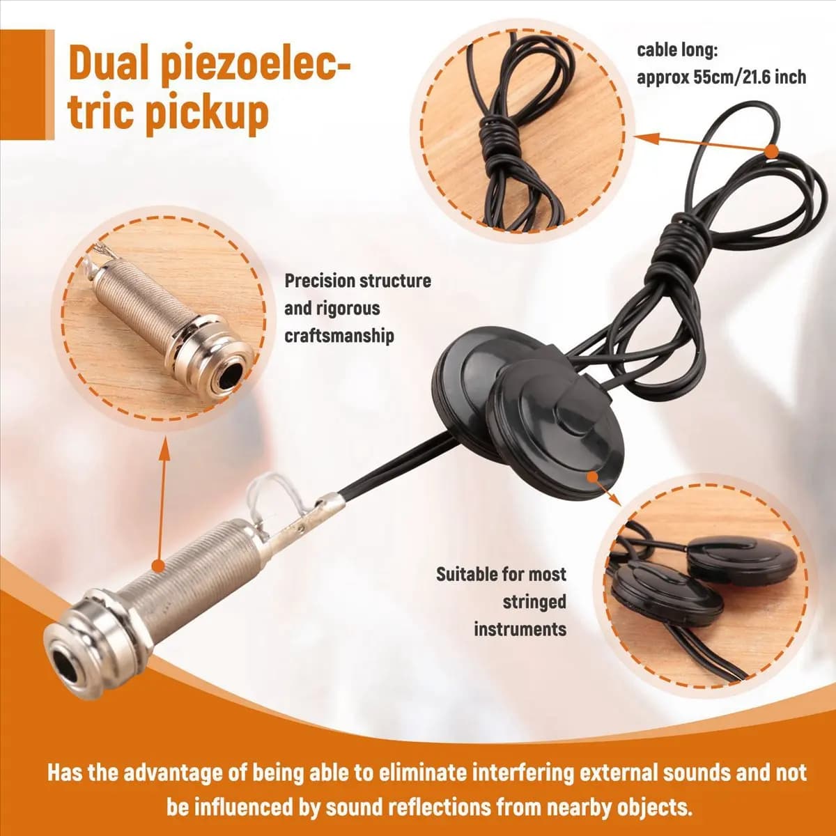 New Arrival Fashion 21-INCHES Wire Length 1/4 Inch Output Jack 2 In 1 Piezo Pickup Disc Transducer for Guitar Violin Ukulele Man