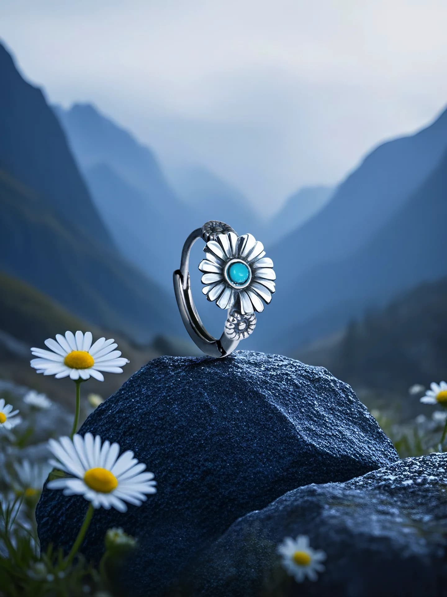 YUKI Pure Silver Daisy Imitation Turquoise Earrings Unisex Vintage Hip Hop Fashion Jewelry Gift for Trendsetters