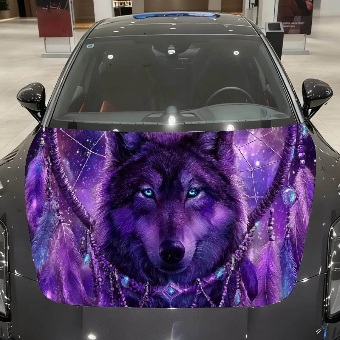 Psychedelic Purple Wolf Dreamcatching Journey Car Vinyl Wrap, PVC Material Waterproof Car Hood Sticker, Self-Adhesive Scratch-Re