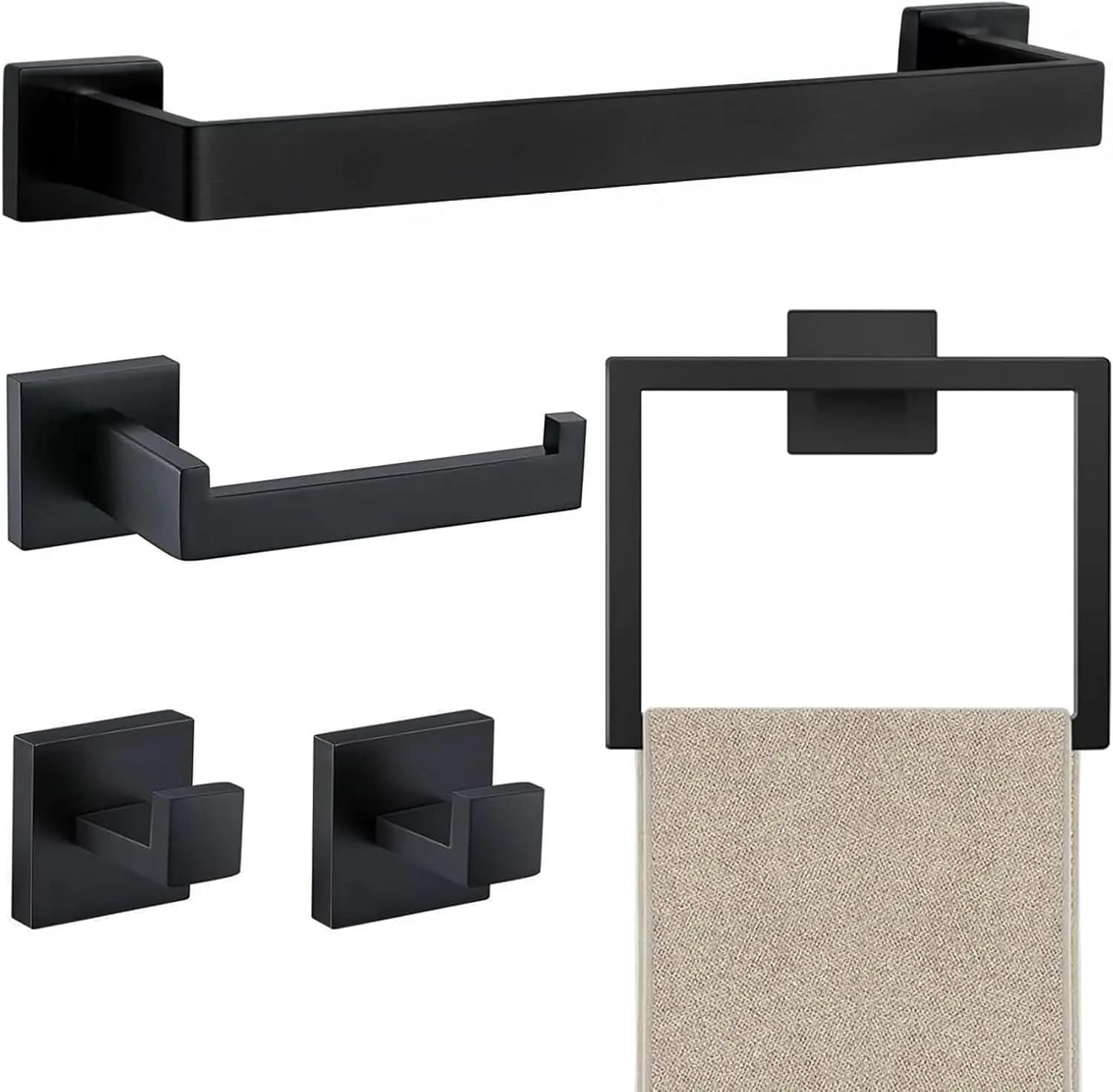 Set di 5 Portasciugamani da Bagno - Acciaio Inossidabile SUS304, 15,7 Pollici, Nero Opaco