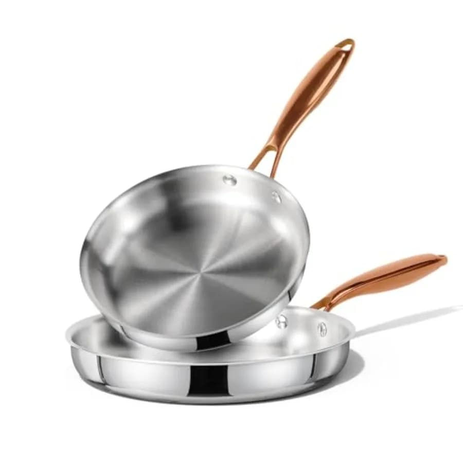 Set of 8+10 inch stainless steel pans, non-stick, PTFE and PFOA, suitable for oven and compatible with induction.