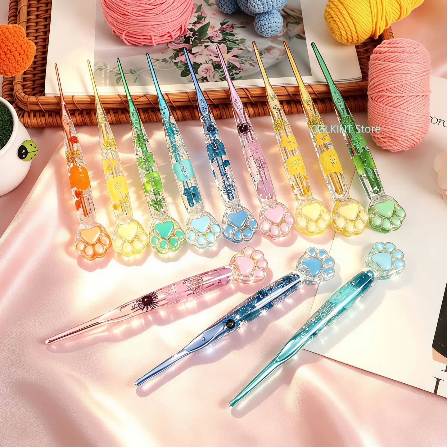 1/3/9/12pcs Cat Claw Shaped Resin Floral Pattern Knitting Crochet Hook 2.25-8.0mm Ergonomic Knitting Needle DIY Weaving Tools