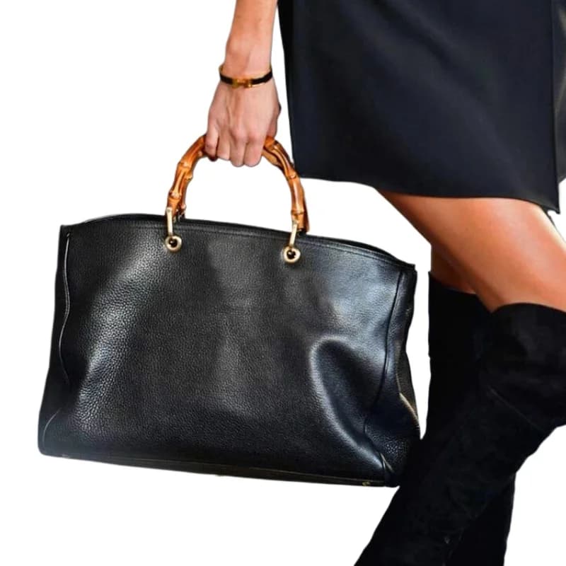 Women's Large Capacity Black Tote Bag High Quality Comfortable Soft Leather Bag with Bamboo Handle Minimalist Fashion Women's Bags
