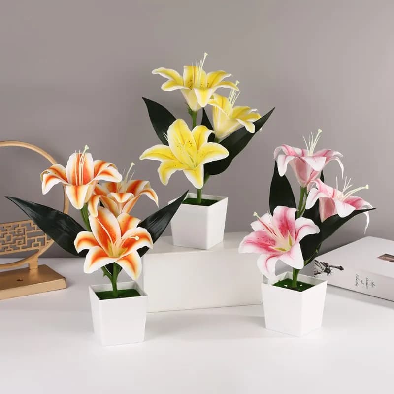 3 Heads Lily Flower Simulation Green Plant Wedding Table For Party Decoration Green Vase Plant Home Decoration Fake Flowers