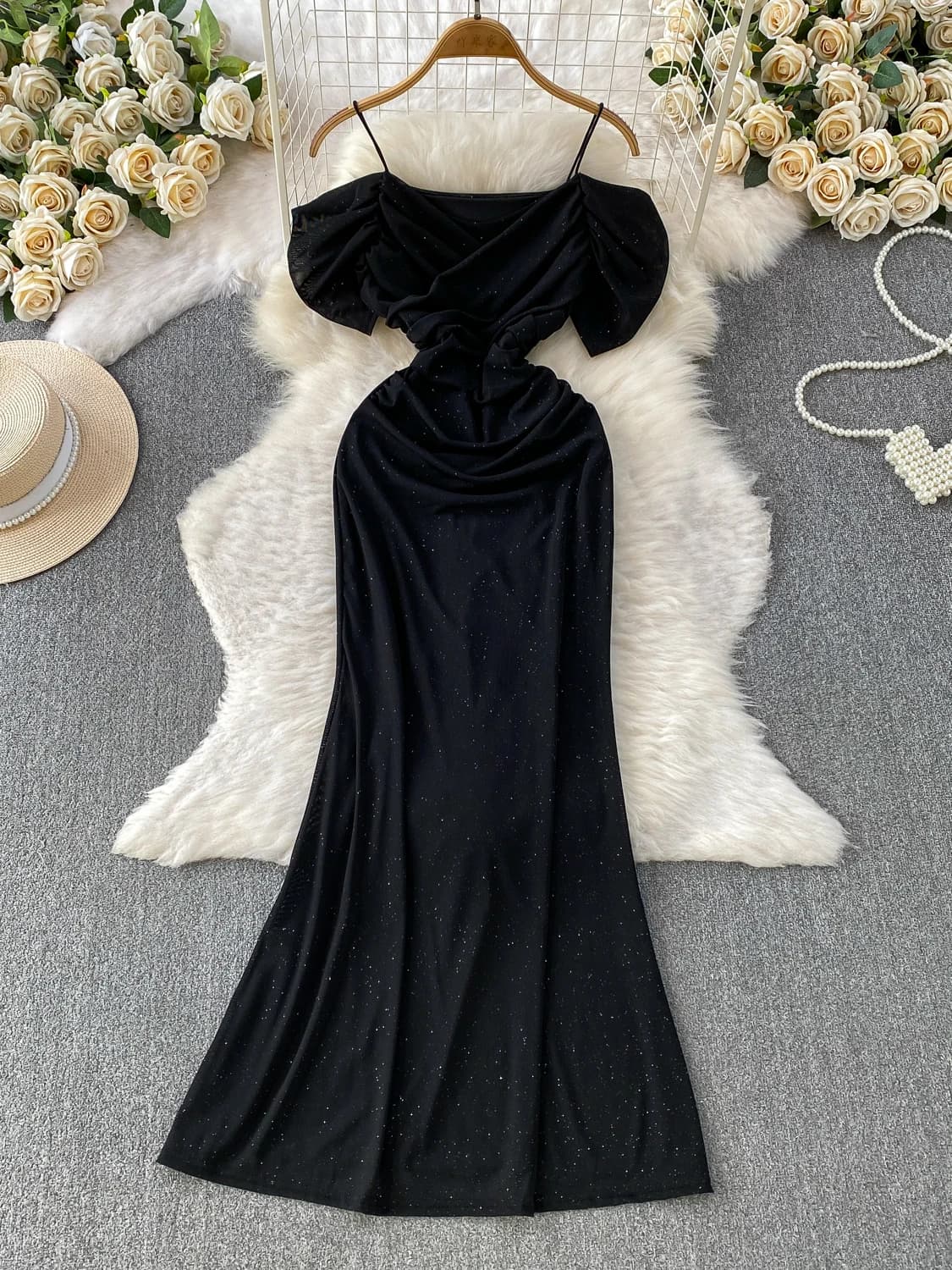 Elegant Evening Party Dress Women's Summer High Waist Gown with Shoulder Bows And Fish Tail Long Strapless Sparkling Gown