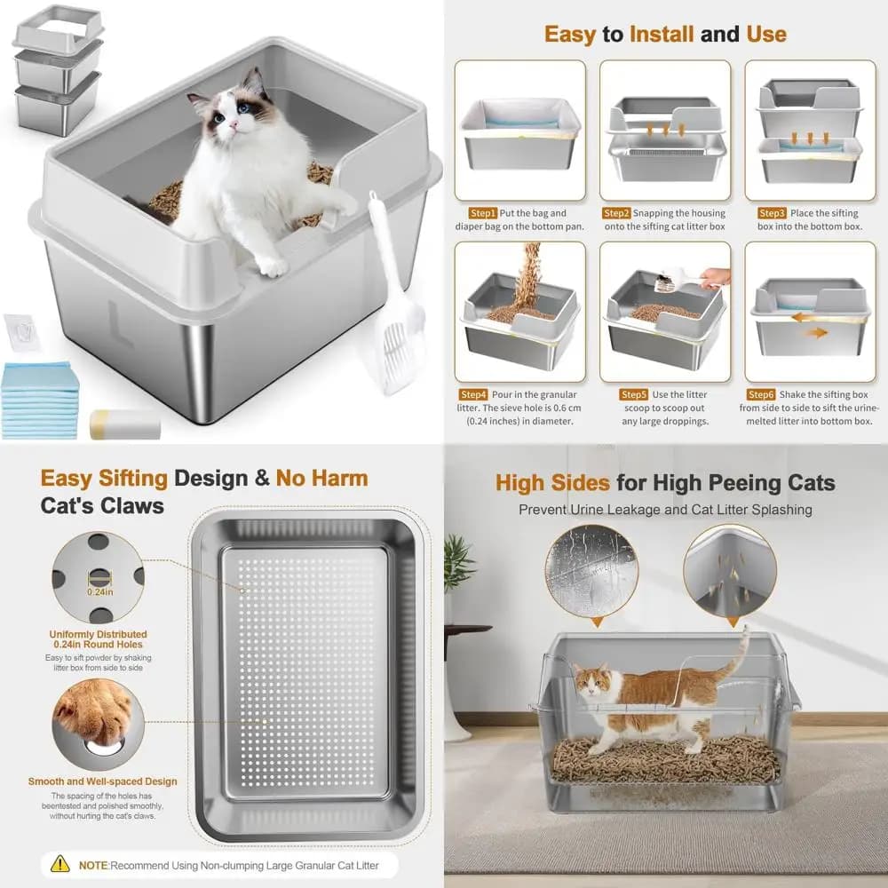 Lettiera per gatti in acciaio inossidabile su alto lato con coperchio per pellet di pino, design per setacciatura chiusa per gatti di piccola taglia, ideale per una facile pulizia