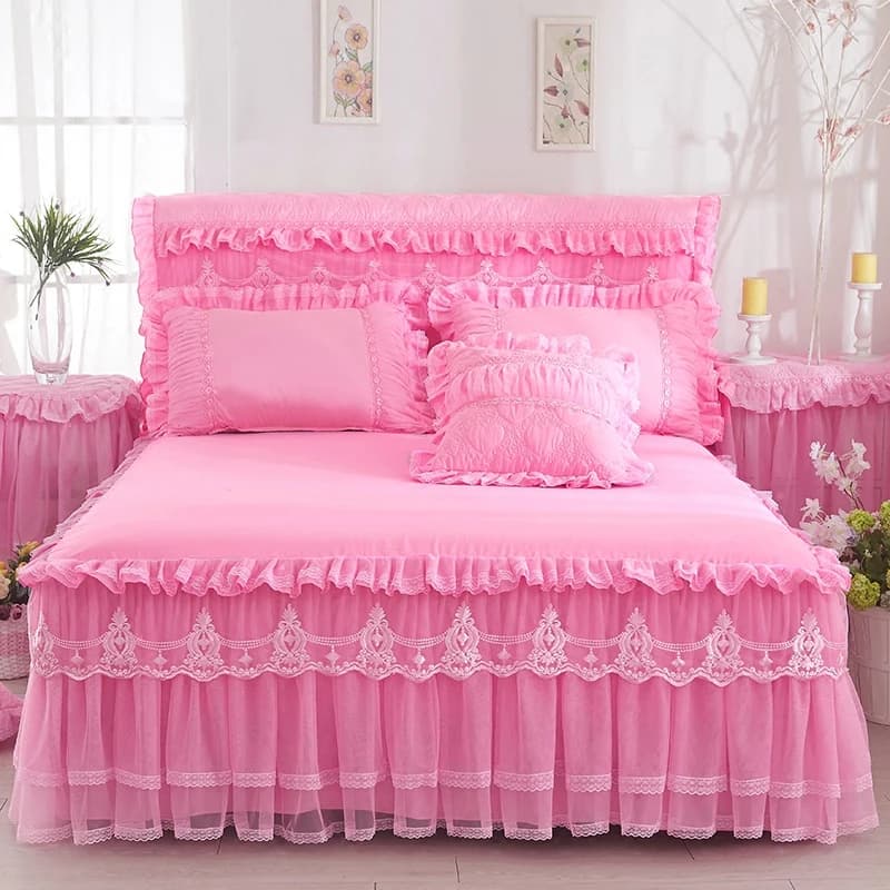 1 pezzo di Pizzo Gonna Letto + 2 pezzi Federe set di biancheria da letto Principessa Copriletto Biancheria Da Letto foglio di biancheria da Letto Per La Ragazza Copertura di base re/Queen formato