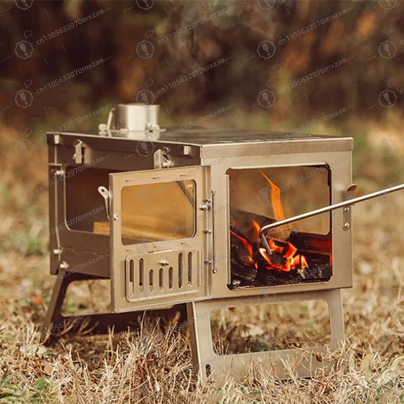 Stufa da tenda portatile pieghevole in acciaio inox a legna, installazione rapida per cucina da campeggio