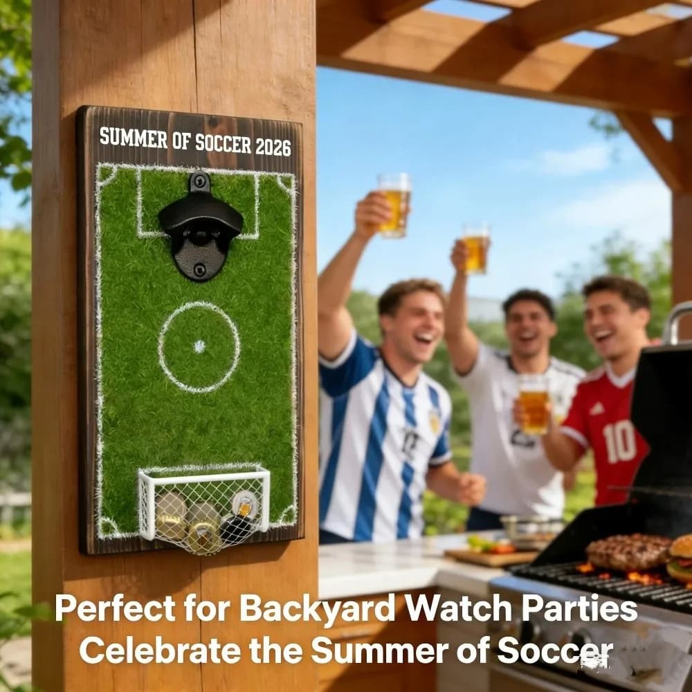Apribottiglie da Parete a Tema Calcio/Soccer, Serie Sportiva, Decorazione Murale in Legno con Raccoglitore di Tappi, per Cucina