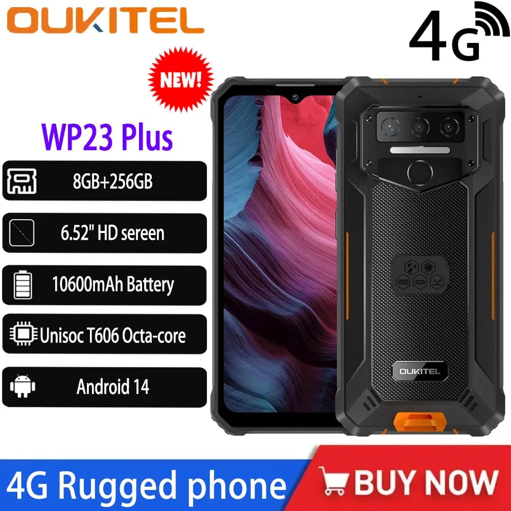 Oukitel WP23 Plus 4G Smartphone robusto Android 14 6.52 "HD 8 GB + 256 GB Unisoc T606 Octa-core Telefono cellulare 10600 mAh 13 MP Telefoni NFC
