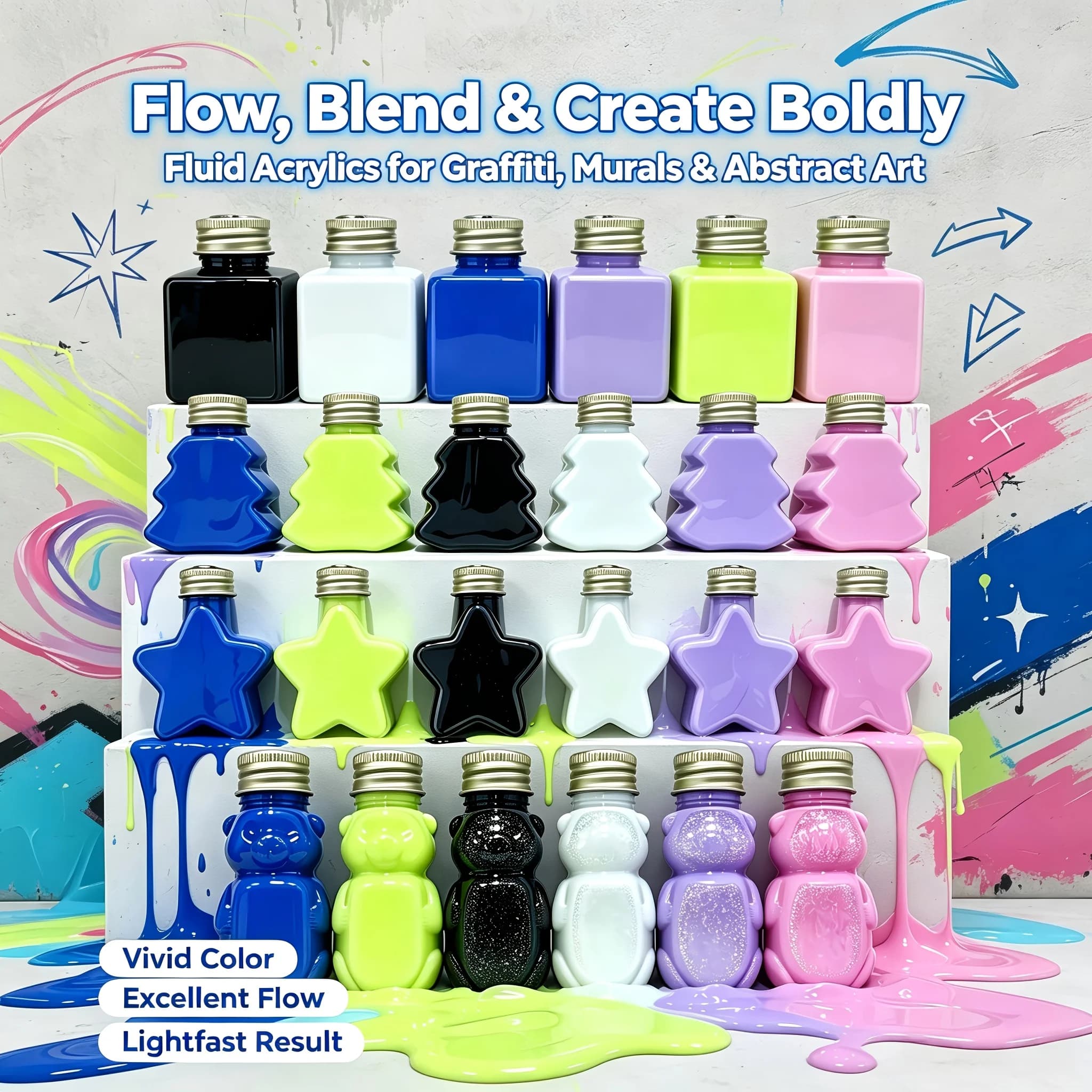 6‑Color 50ml/1.69oz Fluid Acrylic Paint Set, 2 Neon + 4 Standard, Neon Blue, Neon Yellow, Black, White, Violet, Rose Red. 4 novelty shaped bottles. Smooth saturated application, tough crack‑resistant dry layer. For craft painting, textured decor pieces