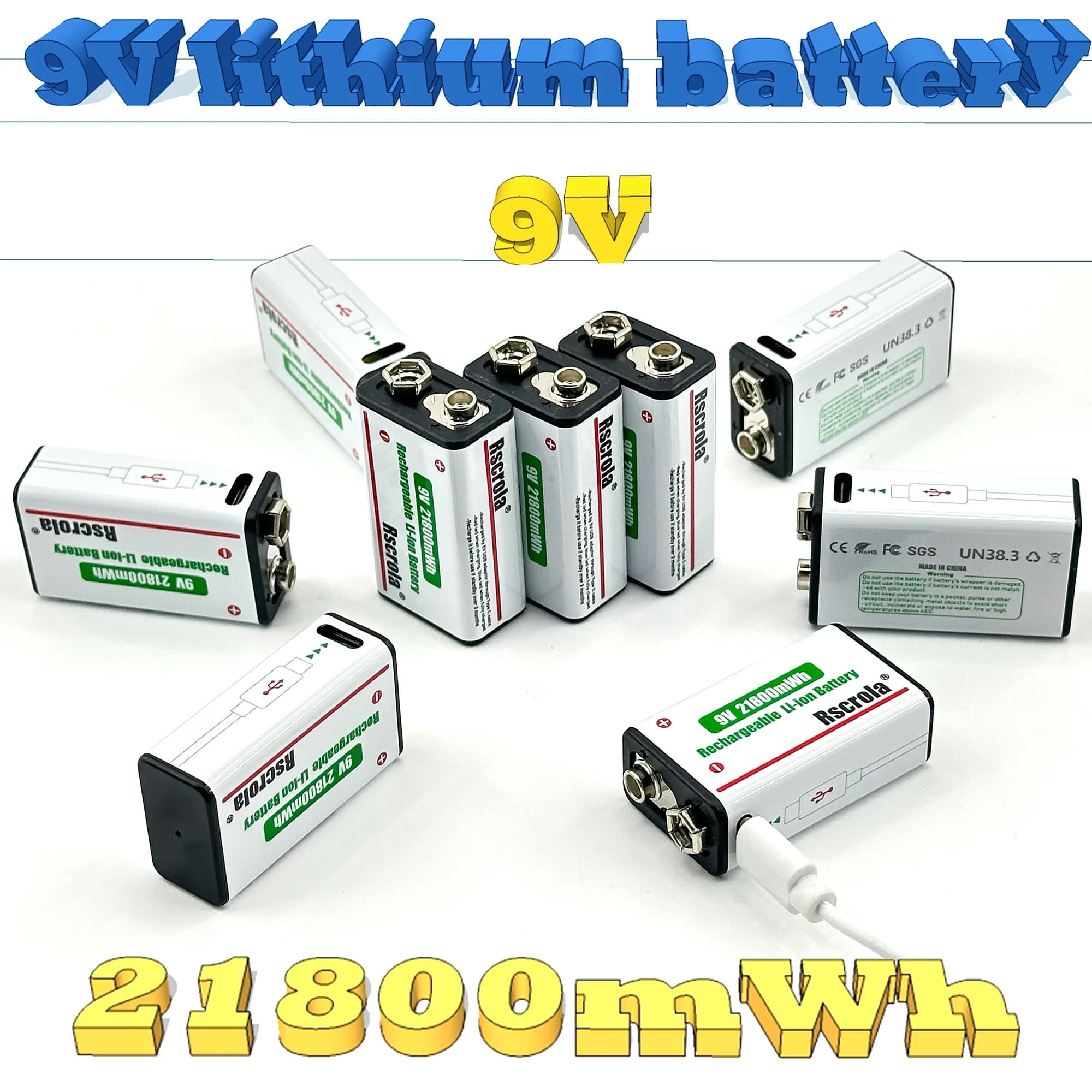 Batteria Ricaricabile 9V con Ricarica USB-C, 21800mWh Lunga Durata, Batteria Li-Ion 9V con Cavo Gratuito, per Rilevatori di Fumo, Fotocamere, Orologi, Audio