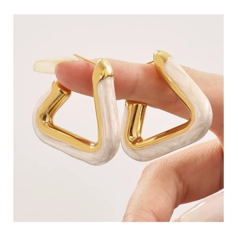 Mystery Triangle Pearl Powder Drip Oil Hollow Earrings Simple and Stylish Stainless Steel Plated Real Gold Earrings Spot