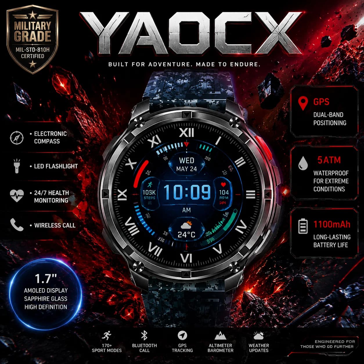 2026 New YAOCX 1100mAh Battery Smart Watch Path 5ATM Waterproof GPS SportsRun Tracker Outdoors Compass Military Smartwatch