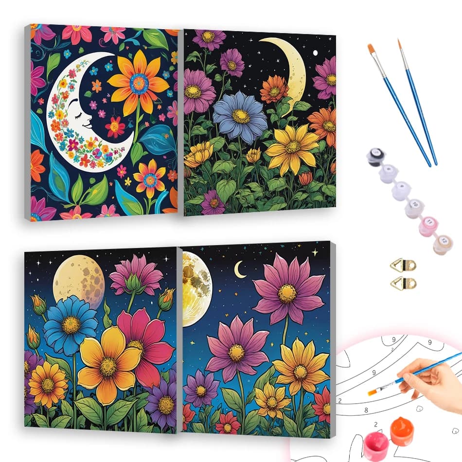 RUOPOTY Pittura con i numeri per principianti, Fiori lunari 20x20cm, con cornice inclusa, Quadri da disegnare con i numeri, Acrilico, Decorazioni per la casa