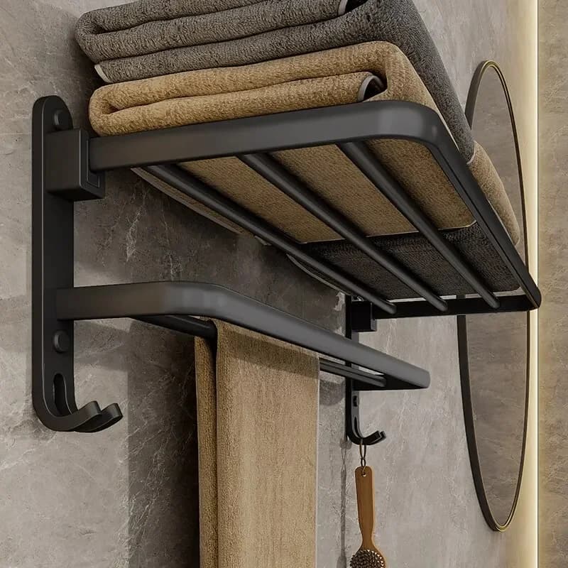 Wall Mounted Foldable Towel Holder, Matte Black 50CM Aluminum Rack with Multi Hooks for Bathroom & Kitchen Storage