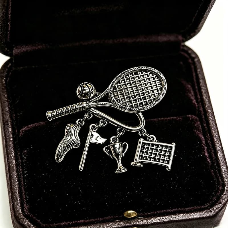 Vintage Style Tennis Racket Charm Brooch Sports Trophy Shoe Flag Net Metal Pin Gift