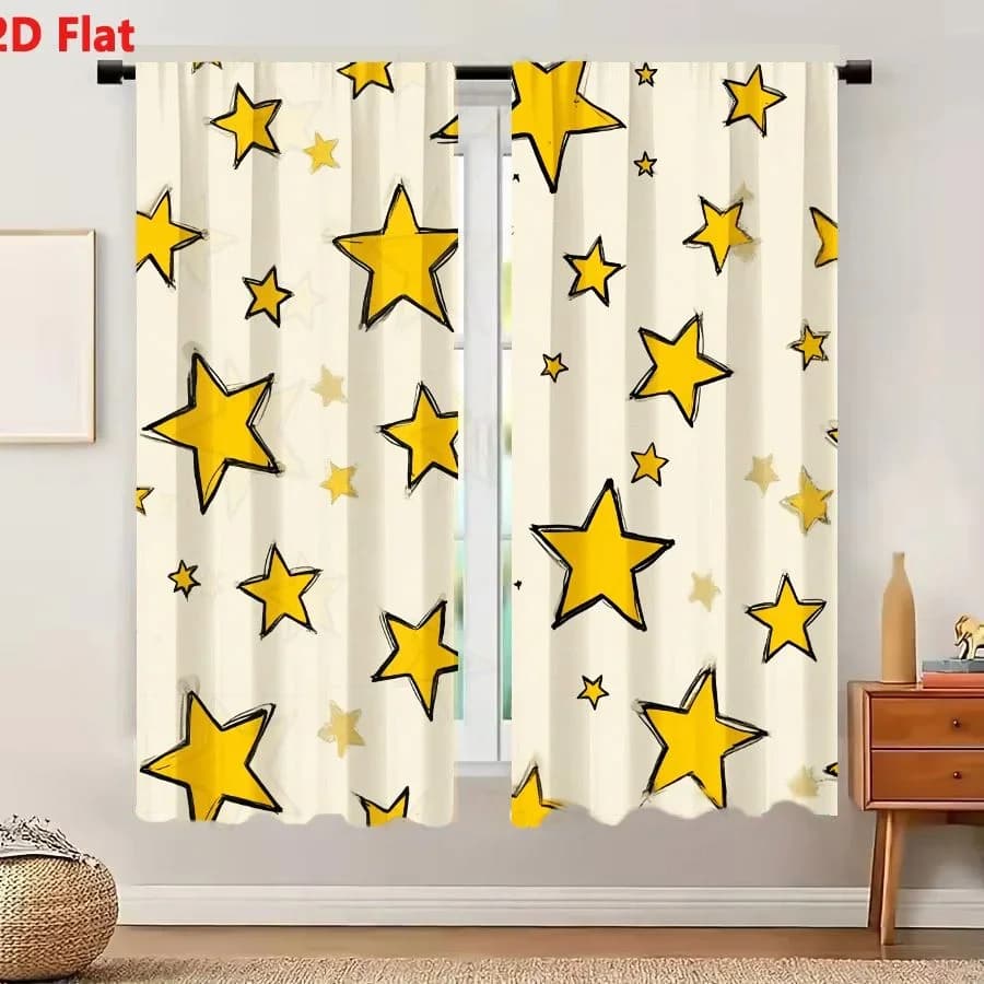 2Pcs Curtains 2D Flat Seamless Pattern With Hand Drawn Sketchy Golden Stars On Beige Background For Fabric And Wallpaper Window