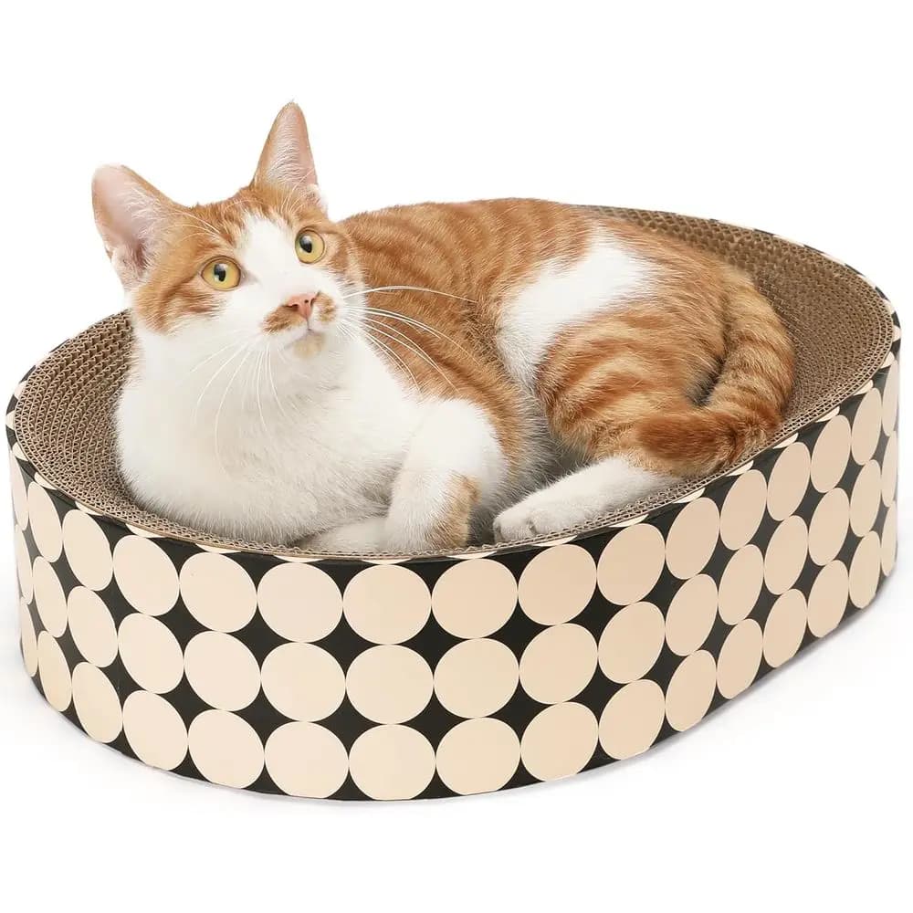 Cuccia e Tiragraffi Ovale 2-in-1 per Gatti, Ciotola Tiragraffi Resistente, Design a Pois