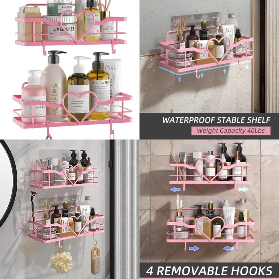 Mensola per Doccia con 4 Ganci Rimovibili, Set di 2 Mensole Sweet Heart, Organizzatore Adesivo Senza Foratura per Bagno