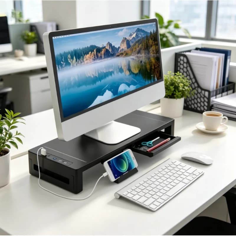 Supporto per Monitor Regolabile in Altezza e Pieghevole, Ripiano da Scrivania con Cassetto Portaoggetti e Supporto per Tablet e Telefono